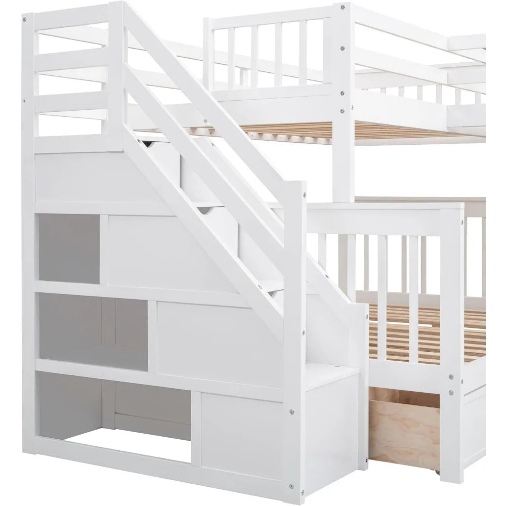 Twin-Twin Over Full L-Shaped Bunk Bed with Desk, Wardrobe, 3 Drawers and Ladders