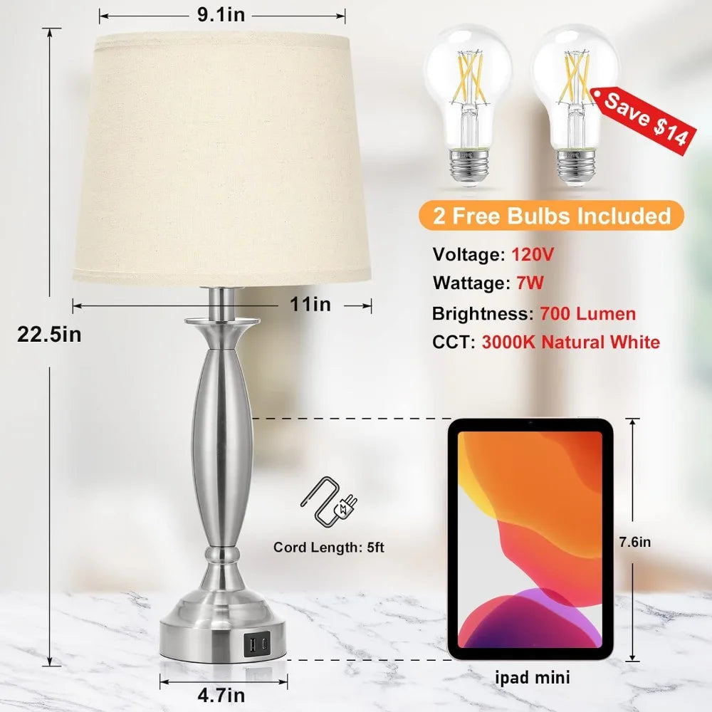 Touch Control Bedside Lamp with USB C+A, 3 Way Dimmable