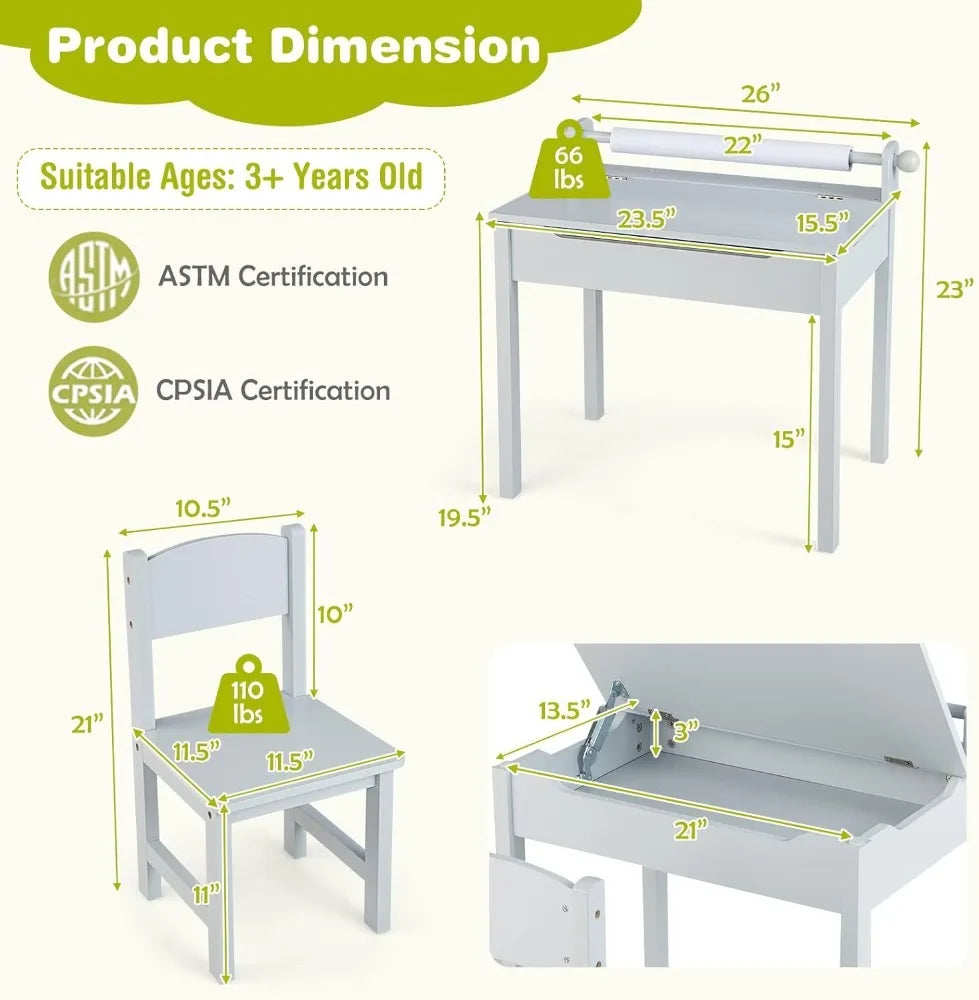 Kid's Wooden Lift-Top Desk & Chair Activity Table Set with Storage, Paper Roll Holder & Pen Slot