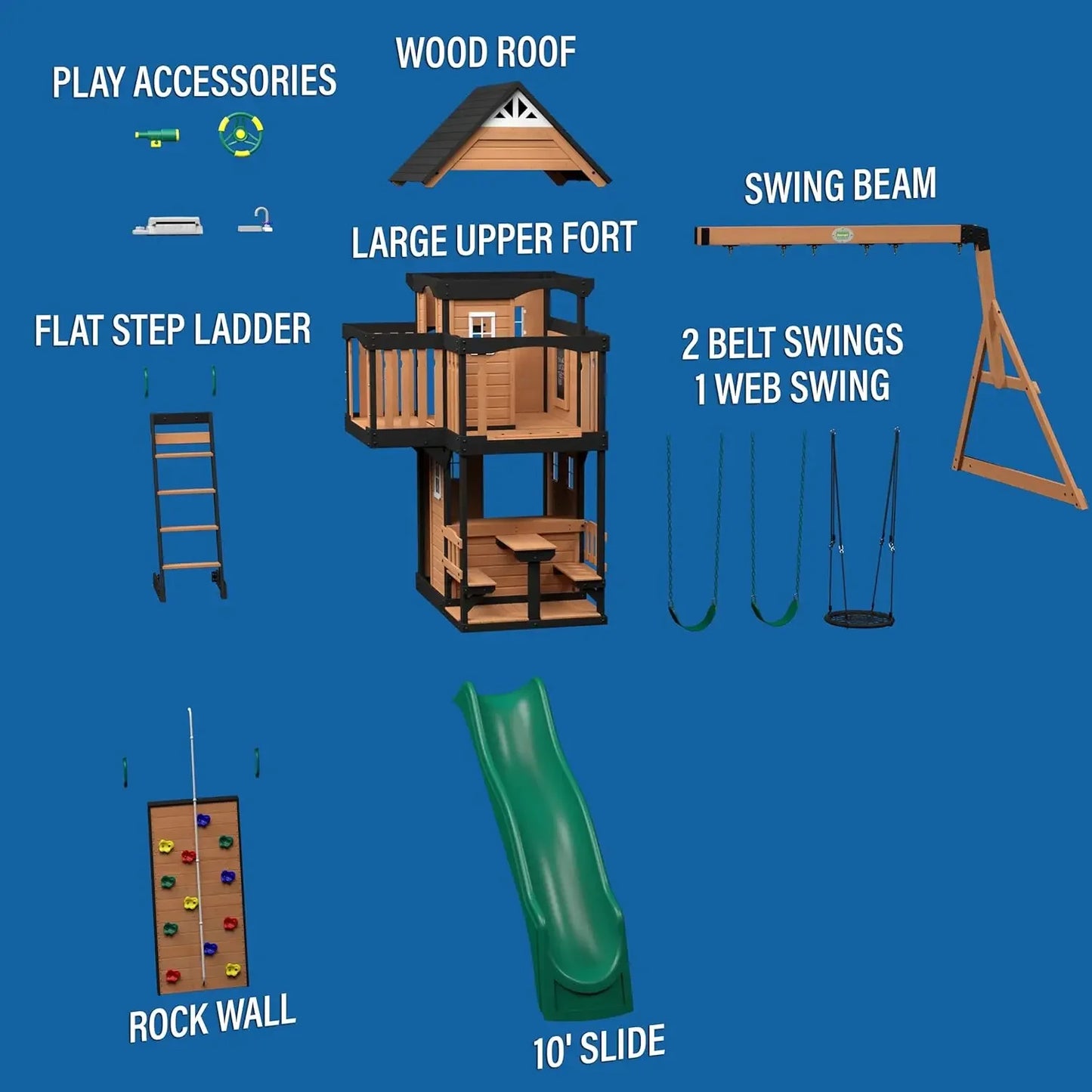 All Cedar Wood Swing Set w/Wave Slide, Grill, Plastic Food, Picnic Area