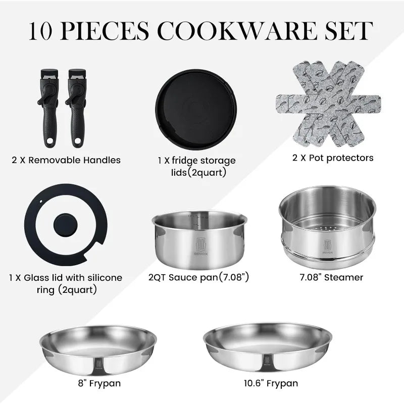 20 Piece Stainless Steel Cookware Set with Removable Handle