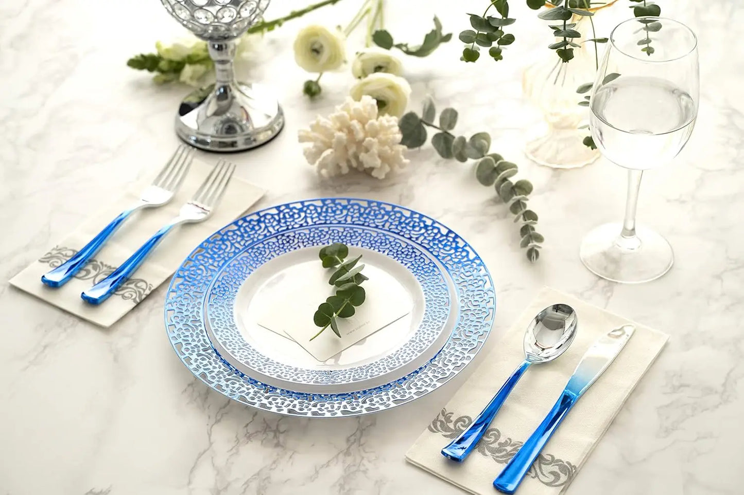 Royal Blue Plastic Plates And Blue Silver Silverware - 125 Pcs Disposable Premium Plastic Dinnerware Set – Reusable