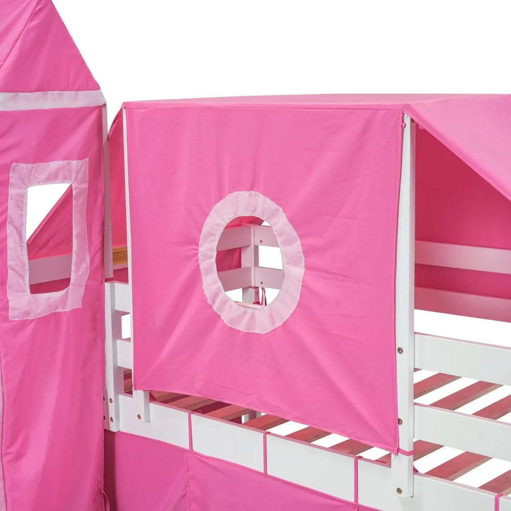 (Twin Size, Pink) Playhouse Loft Bed Frame with Tent and Tower,