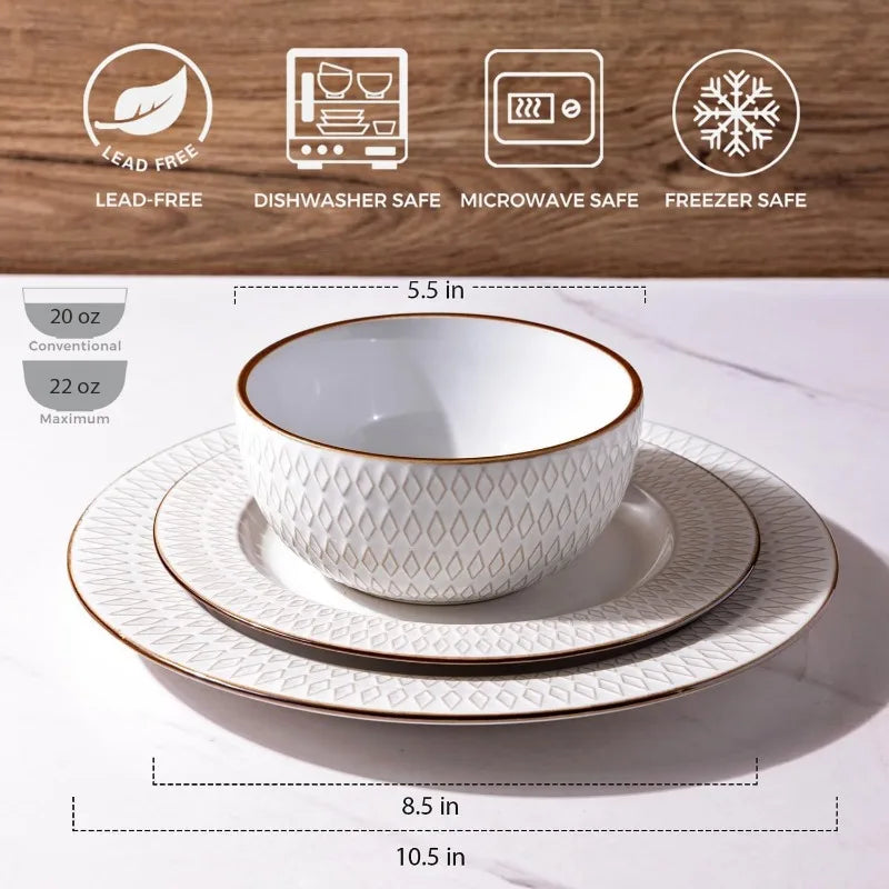 Embossed Elegant Stoneware Plates and Bowls Sets