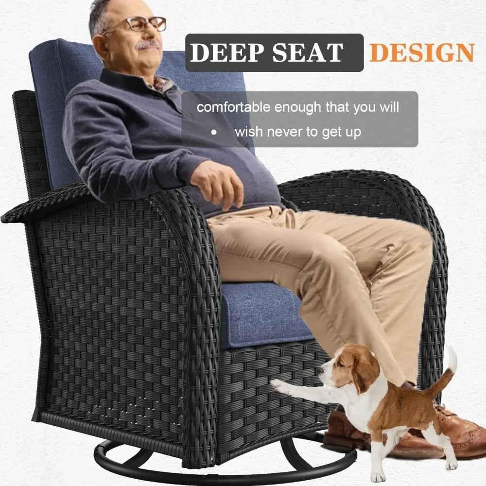 10 Piece High Back Wicker Rattan Patio Set with Fire Pit Table, Black /Navy Blue