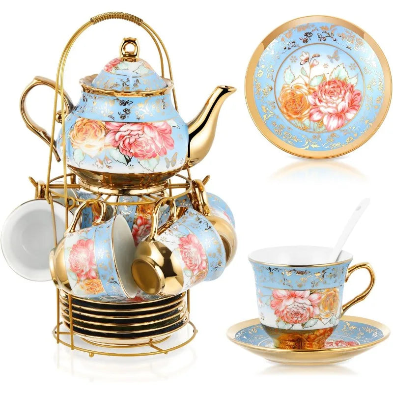 20 Pcs European Porcelain Tea Set with Metal Holder, Service for 6