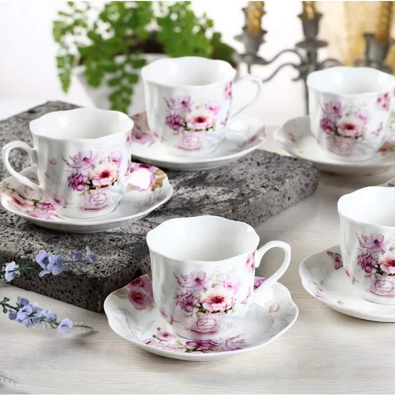 12 pcs Purple Floral Porcelain China Tea Cups and Saucers Set