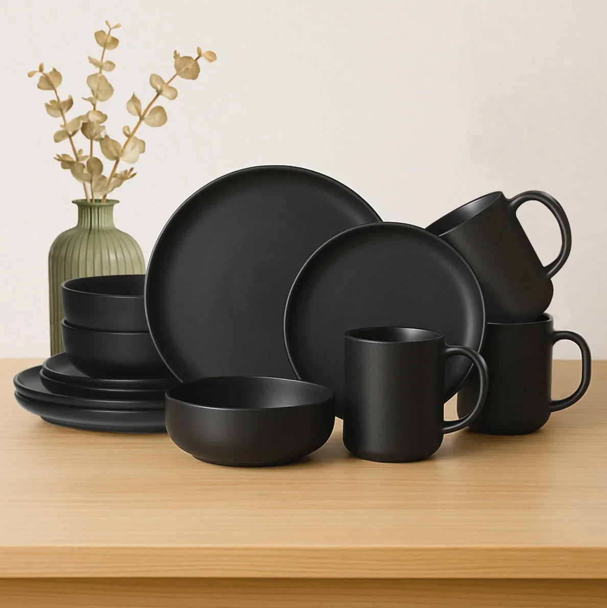 12-Piece Matte Glaze Dinnerware Set, Black
