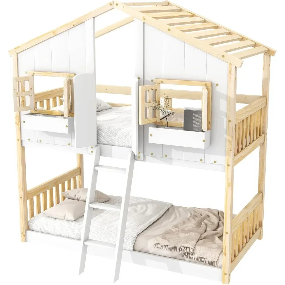 Twin Over Twin House Bunk Bed for Kids, with Roof, Windows, Window Box and Small Door