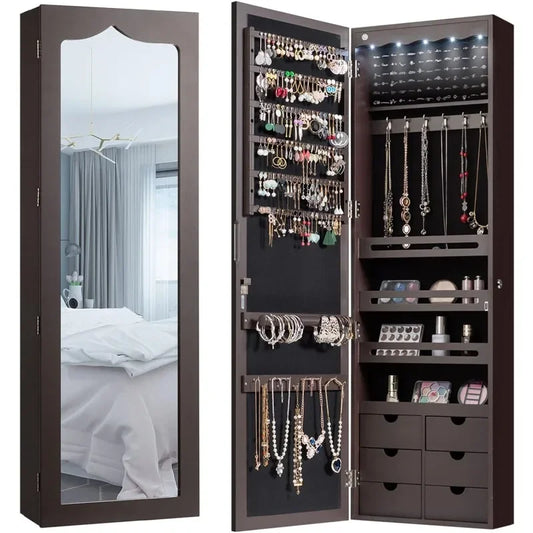 5 LEDs Mirror Jewelry Armoire Wall/ Door Mounted, Lockable Jewelry Cabinet with 6 Drawers and Full Length Mirror