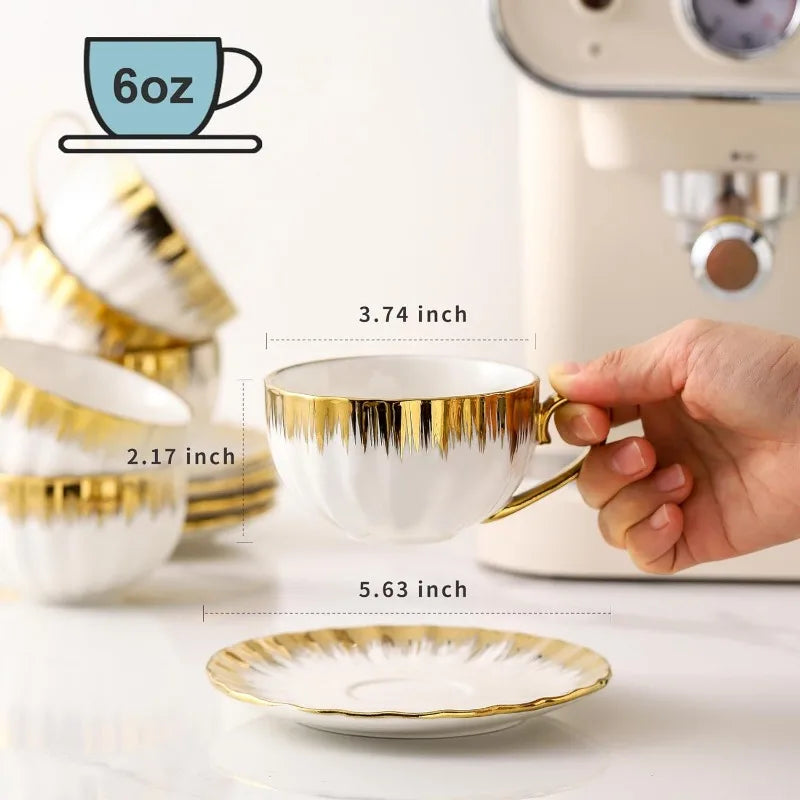 Set of 6 Gold Trim, Ceramic Cappuccino Cups with Saucers