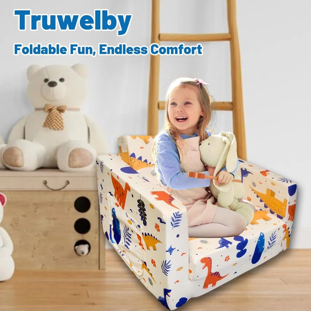 Children's 2 in 1 Convertible, Extra Soft Flip Open Chair Sofa Bed, Cute Star/Dinosaur Print