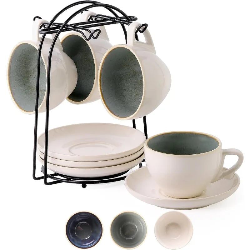 Set of 4 [8oz] Porcelain Coffee Cups with Saucers and Holder