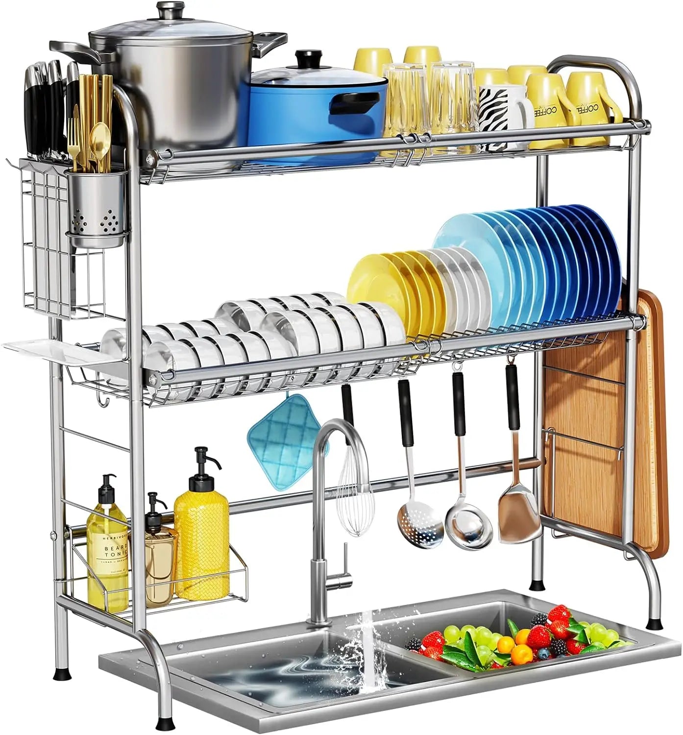 2-Tier Stainless Steel Large Over The Sink Dish Rack with Utensil Holder