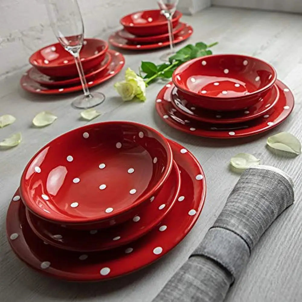 12 piece Red Polka Dot Handmade Ceramic Dinnerware Set