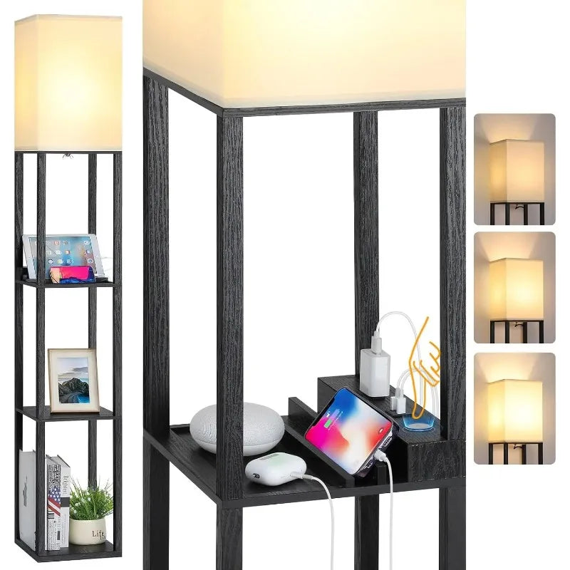 Touch Control LED Floor Lamp with Shelves, Charging USB, Type C Port and Power Outlet