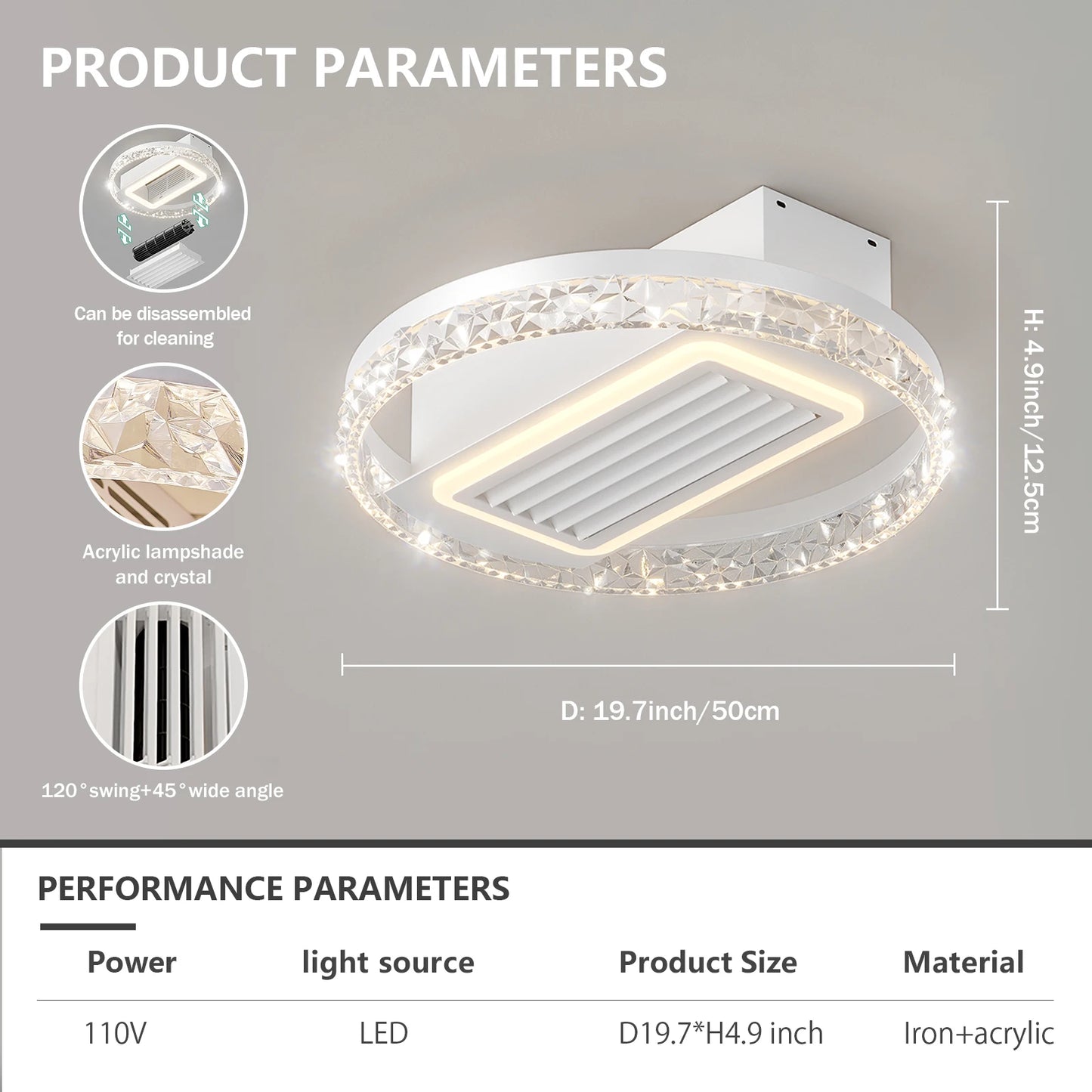 19.7" Modern Crystal LED 2-in-1 Ceiling Fan Light