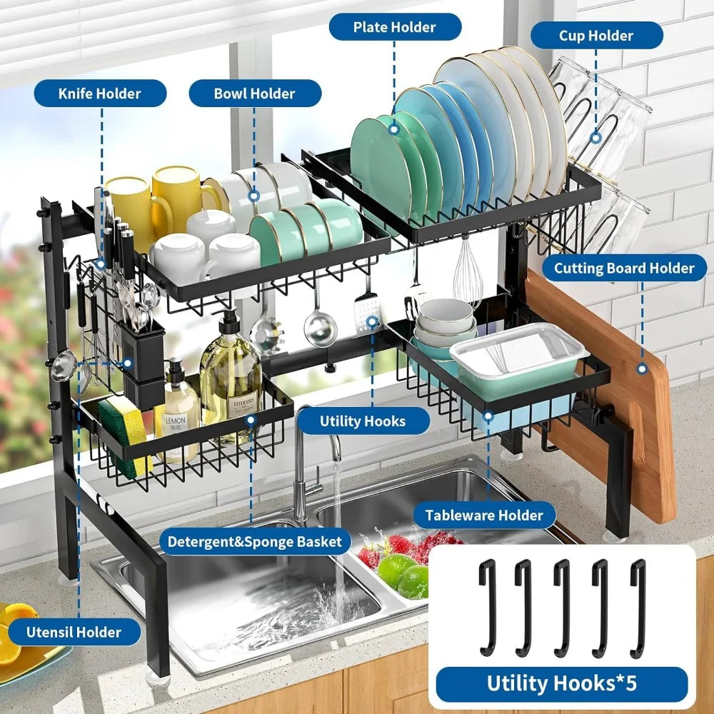 2-Tier Stainless Steel Large Over The Sink Dish Rack with Utensil Holder