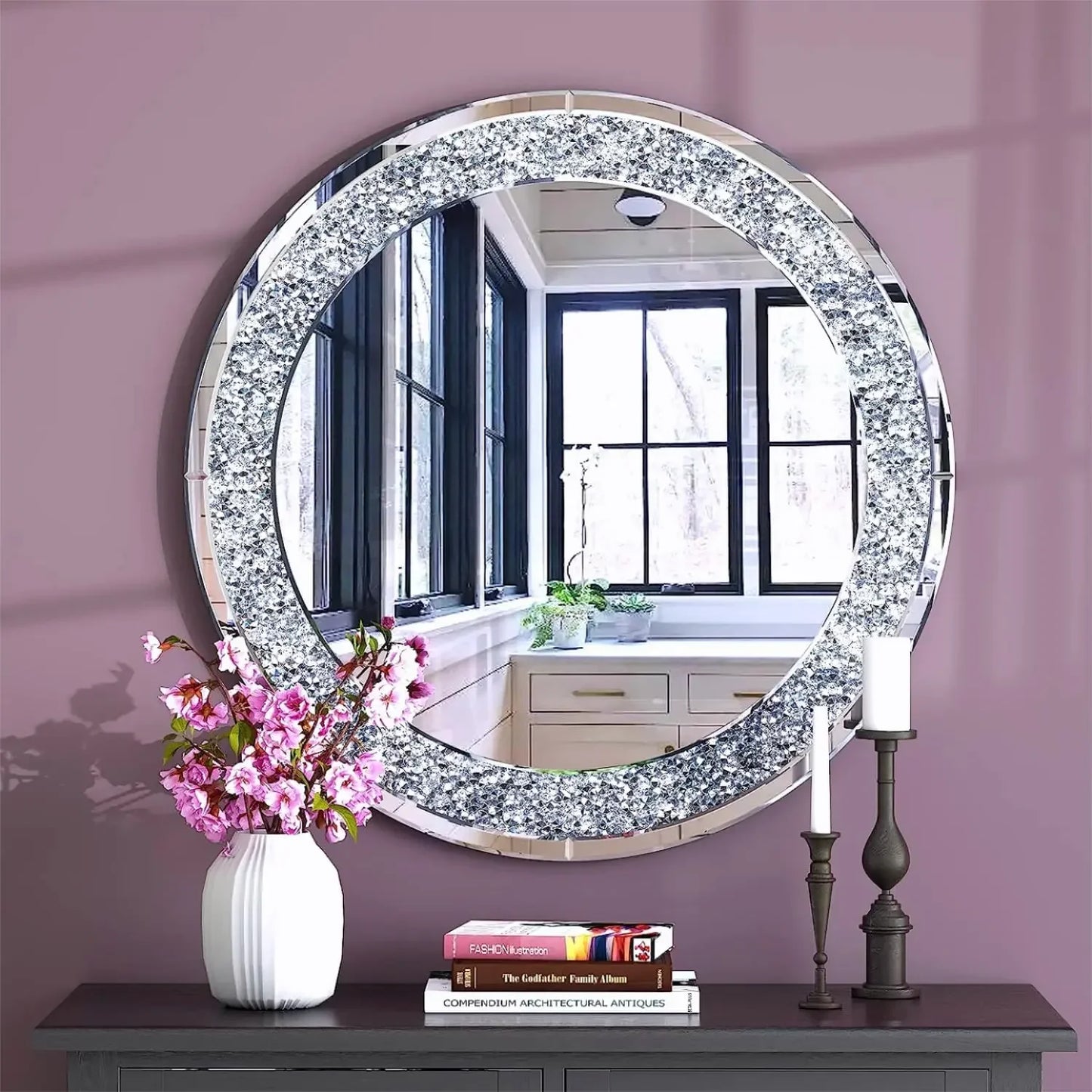 32" Round Crushed Diamond Accent Wall Mirror