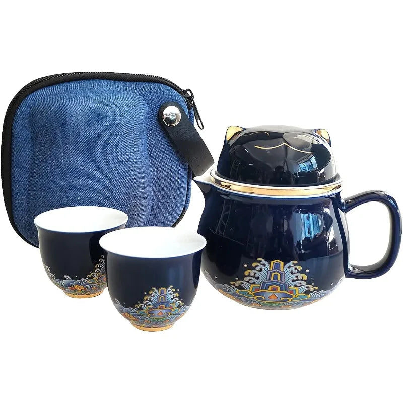 Lucky Cat Porcelain Teapot Set with Handle - Blue, White