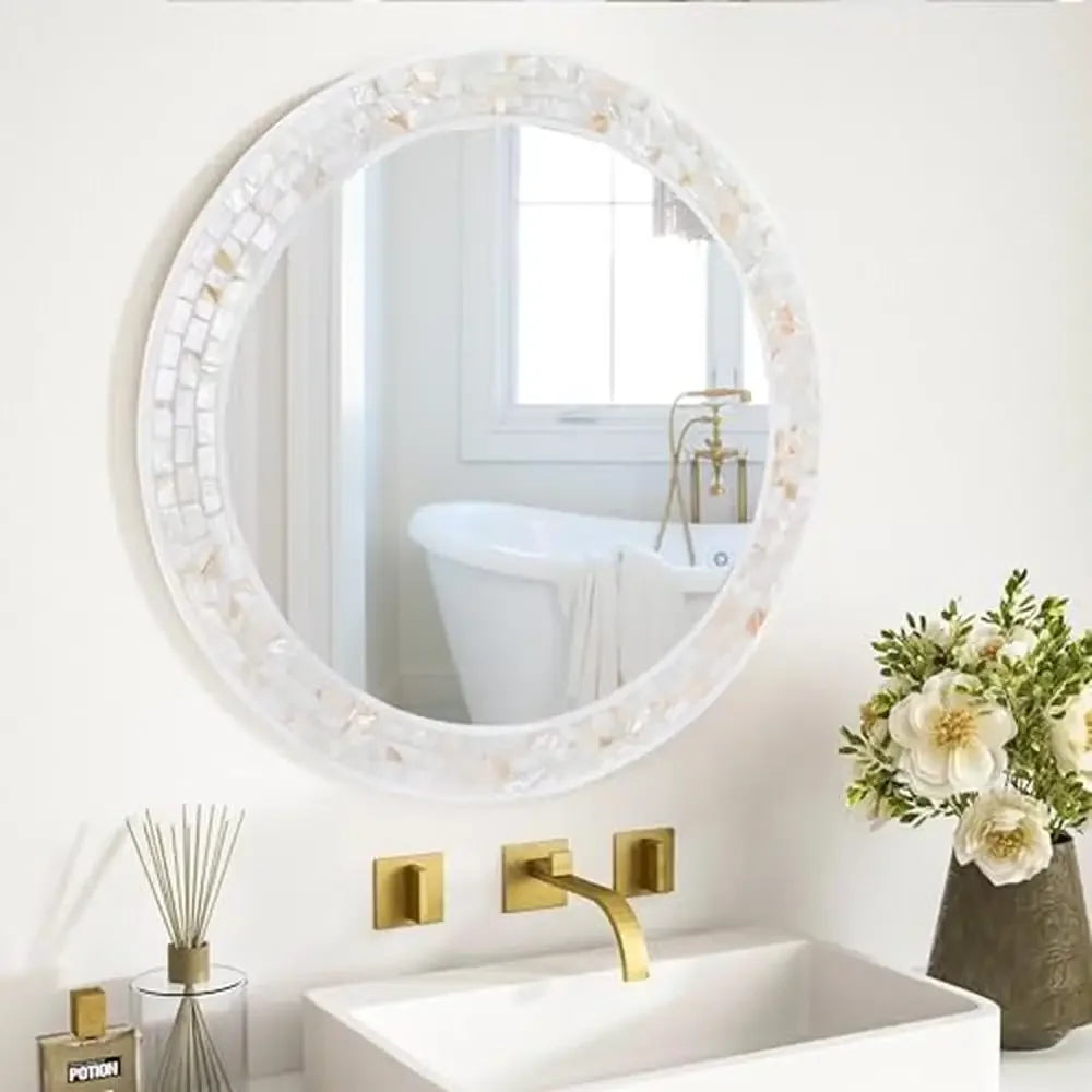 24 Inch Coastal Mother of Pearl Natural Shell Mosaic Wood Frame Wall Mirror