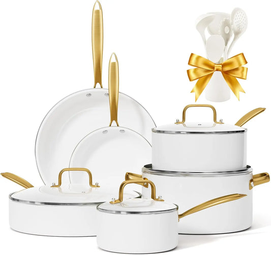 Dutch-white Ceramic Cookware Set with Cooking Utensils Set