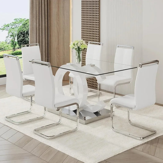 7 Piece Tempered Glass Table Top Dining Table Set
