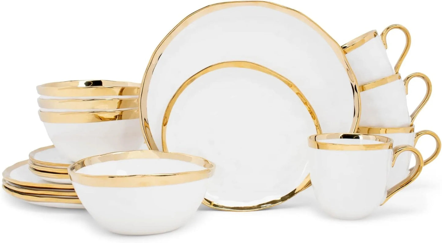 16-Piece Metallic Bubble Porcelain Dinnerware Set - Service for 4, White with Gold