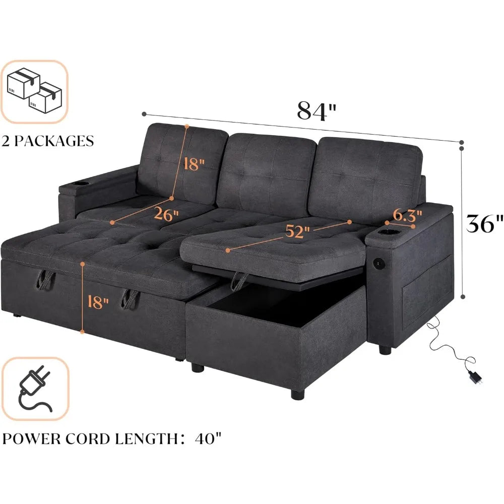 Pull Out Couch Bed with Storage Chaise, USB Charging Port & Cup Holders