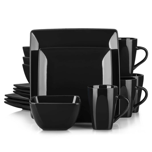 16/32/48-Piece Black Ceramic Porcelain Square Dinnerware Set