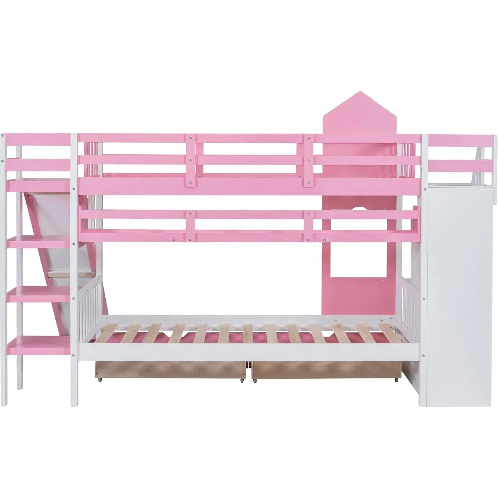 Twin Over Twin Bunk Bed with Slide, Staircase Storage and Drawers