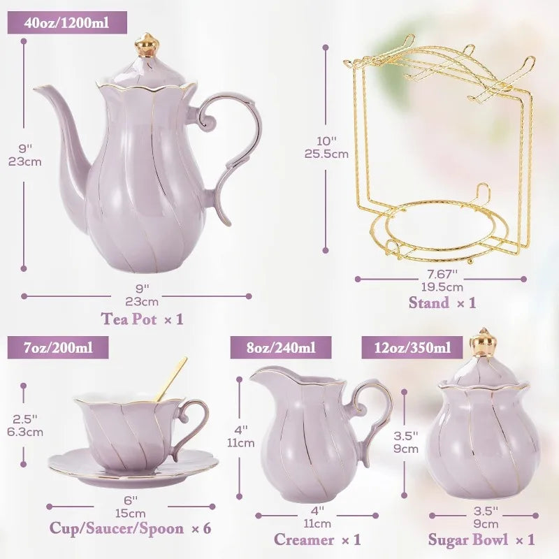 22 pcs Porcelain Tea Set for 6, Luxury British Style Tea/Coffee Cup Set with Golden Trim