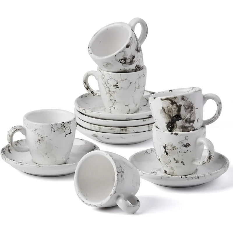 Set of 4 [8oz] Porcelain Coffee Cups with Saucers and Holder