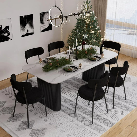 7 Piece - Faux Marble Dining Table & Black Upholstered Boucle Chairs