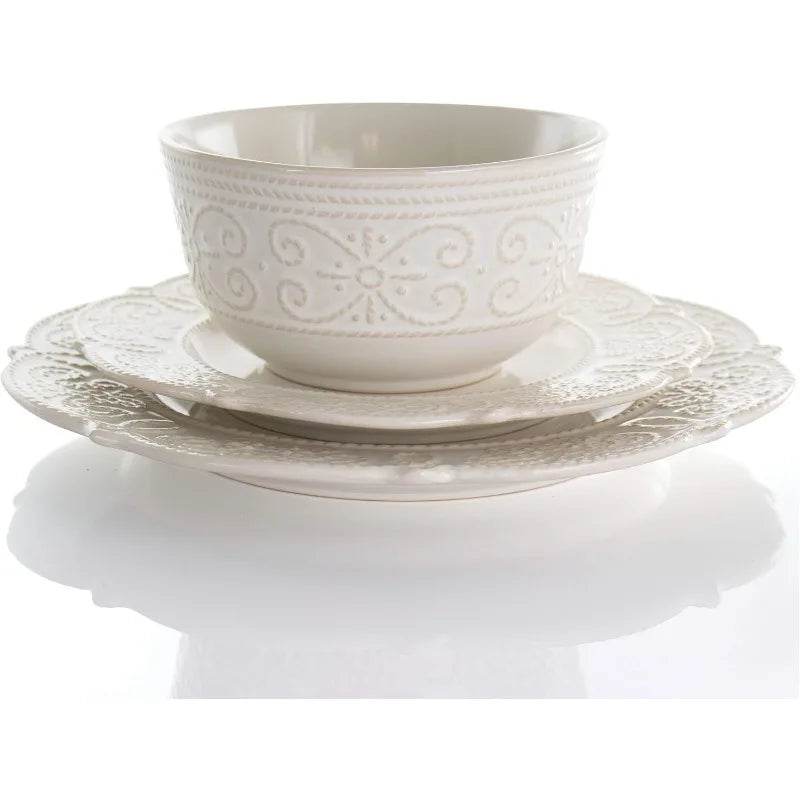 Round Decorated Scallop Embossed Dinnerware Dish Set, 16 Piece