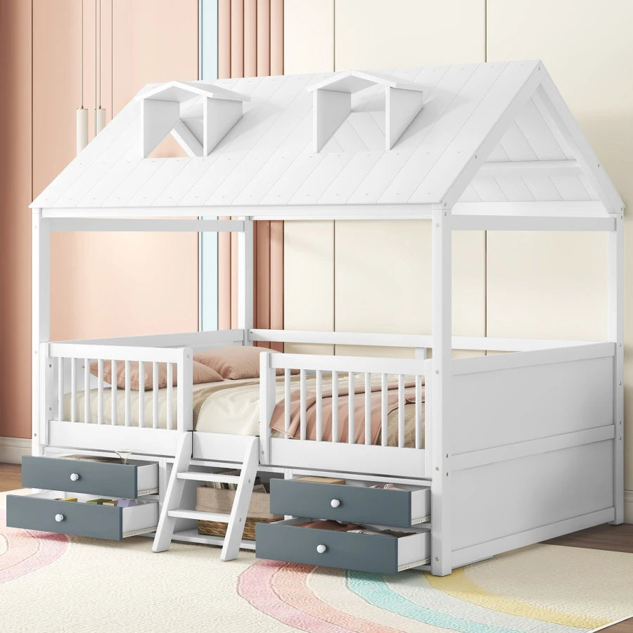 Full Size, Roof Design, Wood House Bed Frame, for Kids