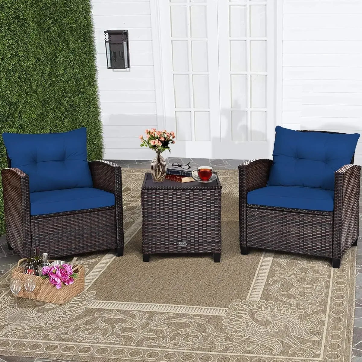 3 Piece Outdoor Rattan Sofa Set with Tempered Glass Tabletop