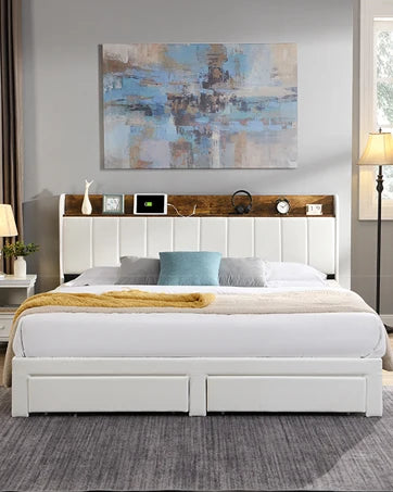 Upholstered Queen Size Platform Bed Frame with Headboard