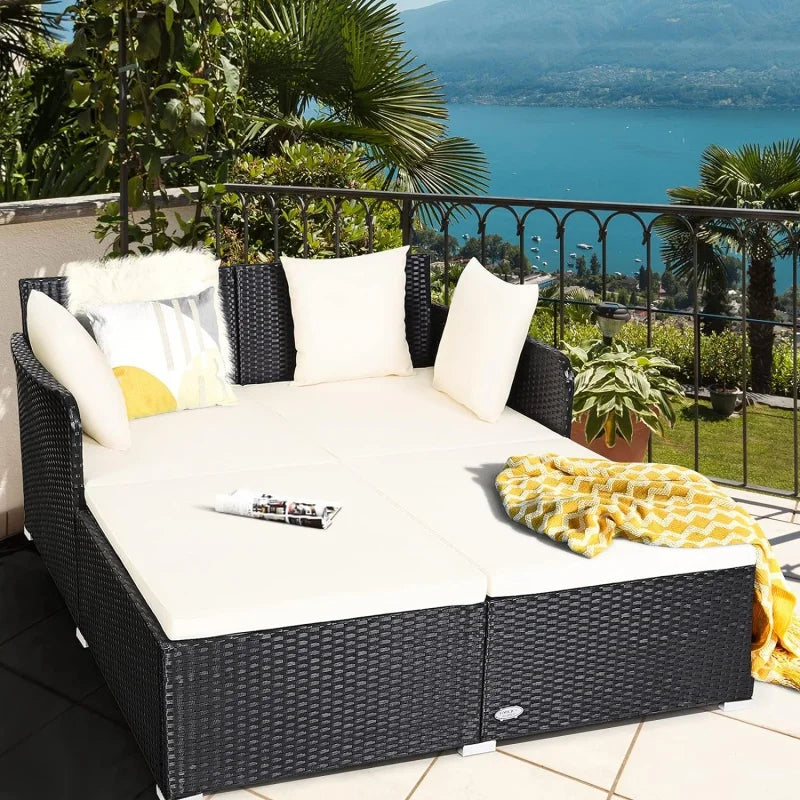 Outdoor Wicker Rattan Patio Daybed with Padded Cushions