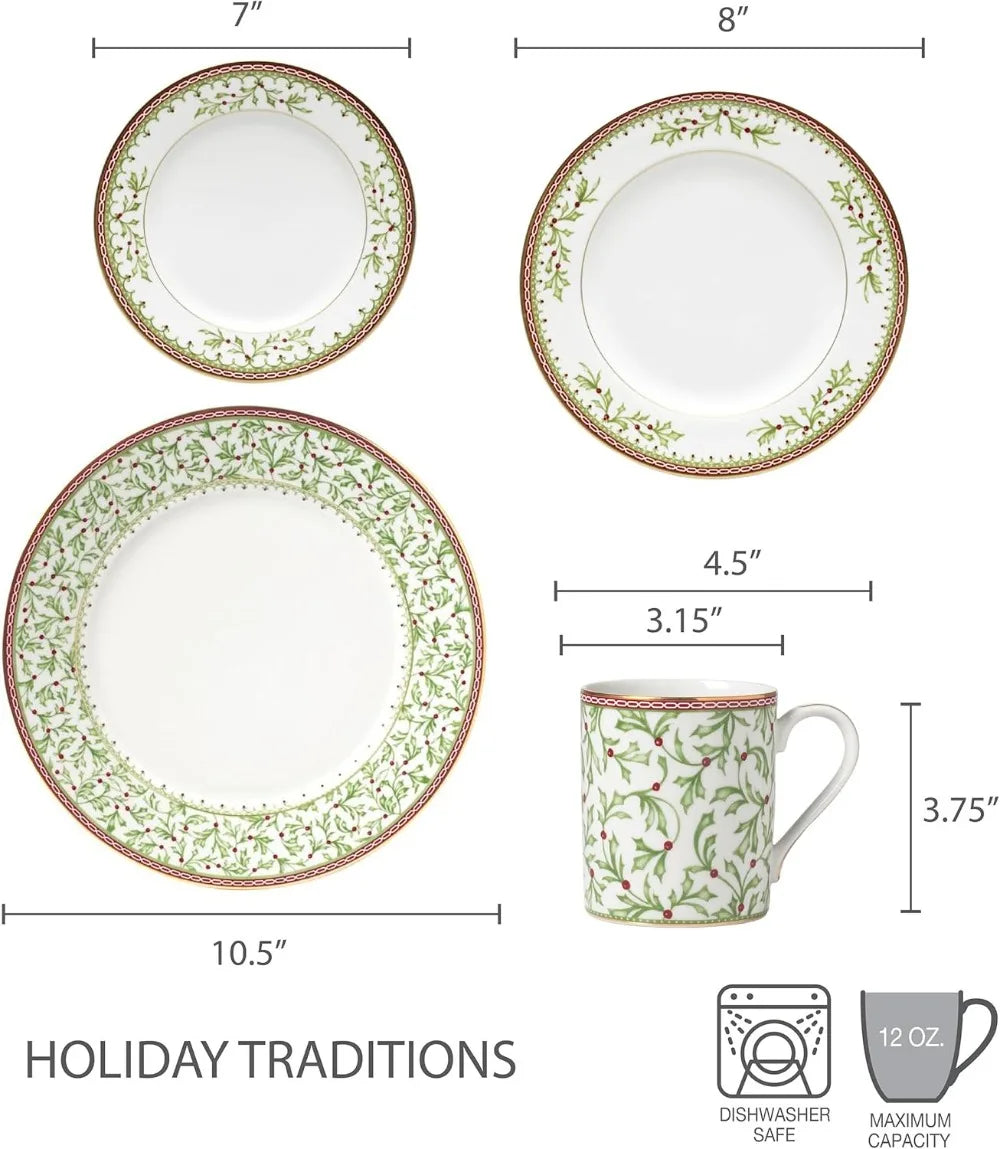 Mikasa Holiday Traditions Dinnerware Set with Mugs (16 Piece), Green, White