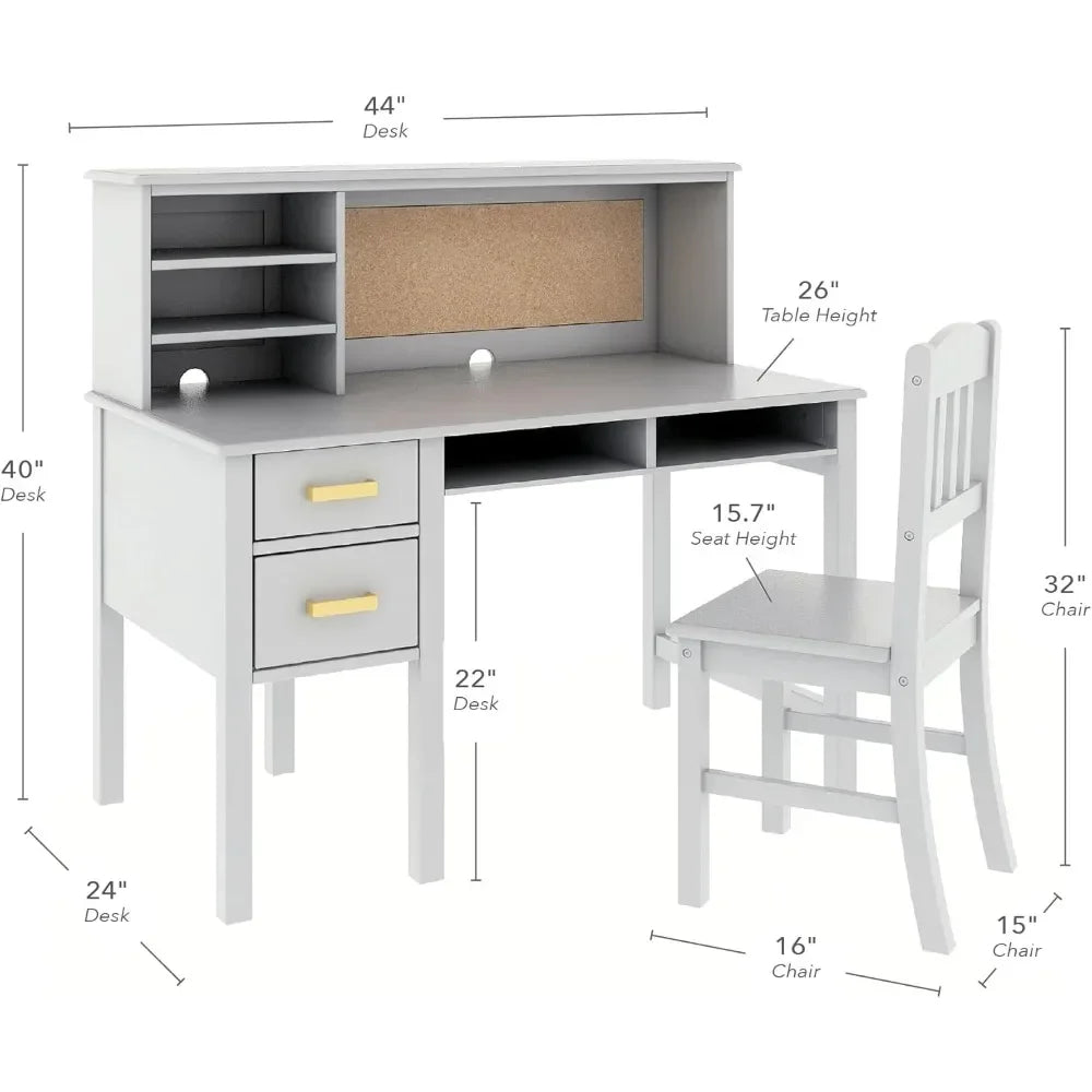 Kids Wooden Computer Study Desk Set with Storage Shelves, Corkboard, and Drawers