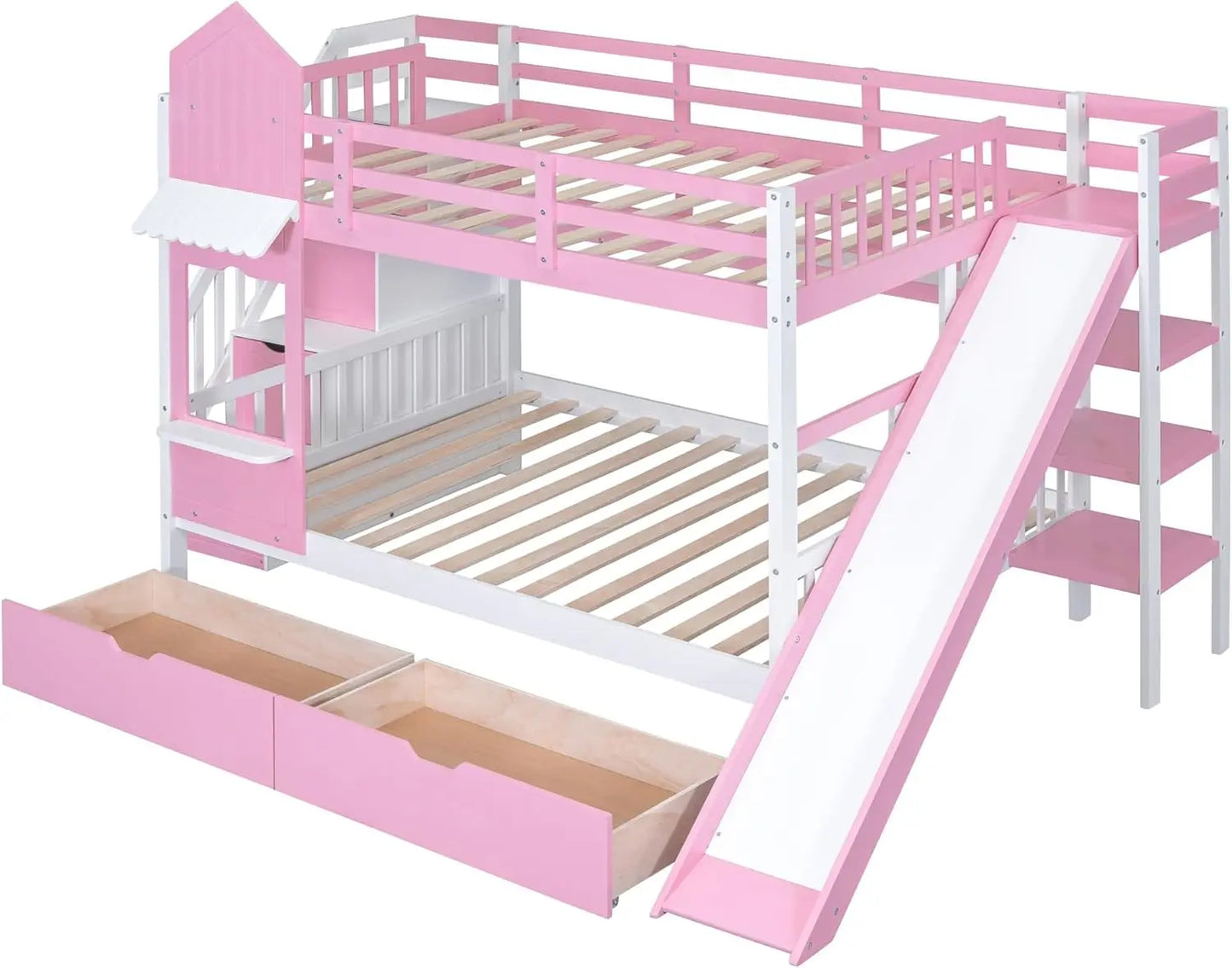 Kid's Bunk Bed Full Over Full With Drawers And Slide And Staircase,