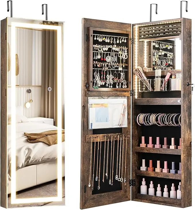 5 LEDs Mirror Jewelry Armoire Wall/ Door Mounted, Lockable Jewelry Cabinet with 6 Drawers and Full Length Mirror