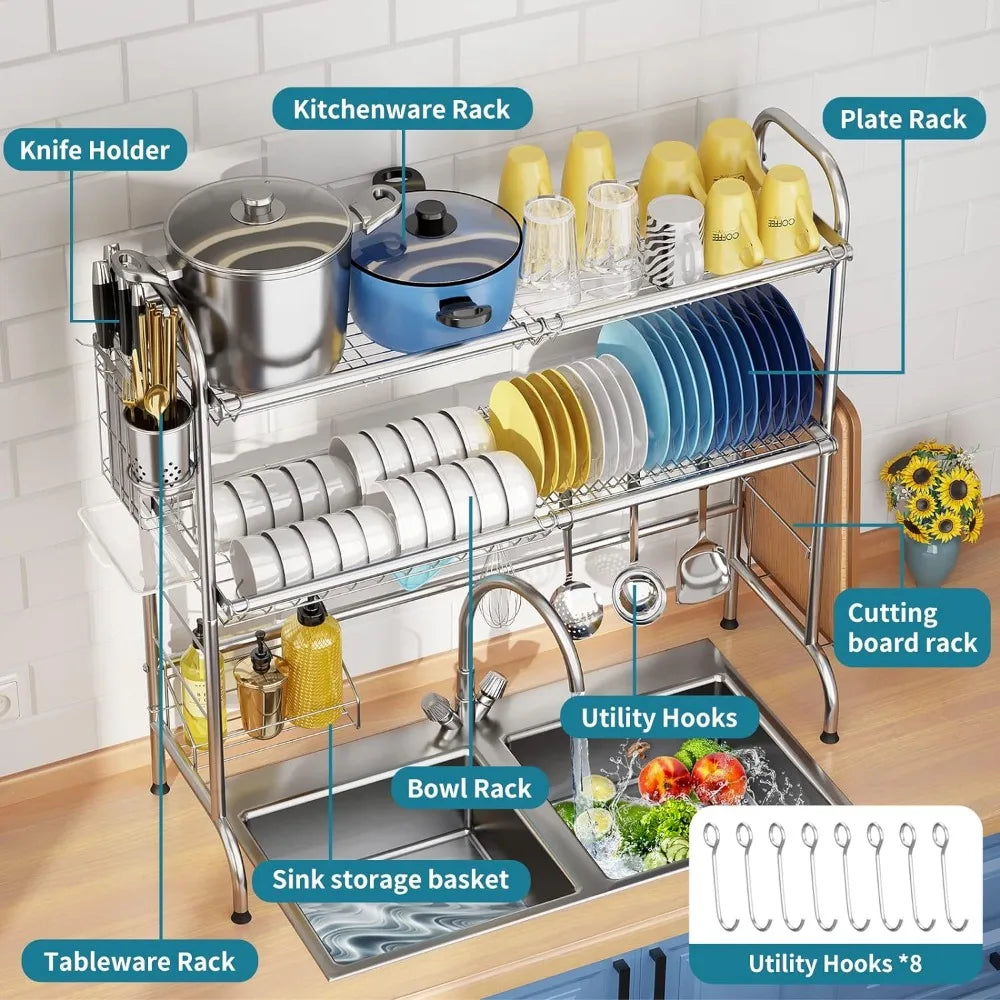 2-Tier Stainless Steel Large Over The Sink Dish Rack with Utensil Holder