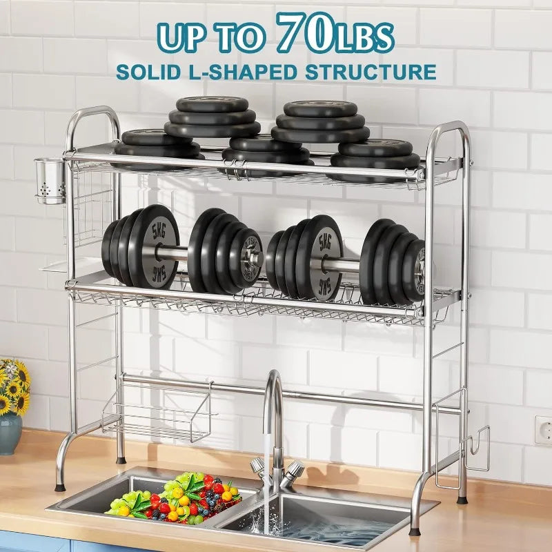 Stainless Steel 2-Tier Over The Sink Dish Drying Rack with Utensil Holder