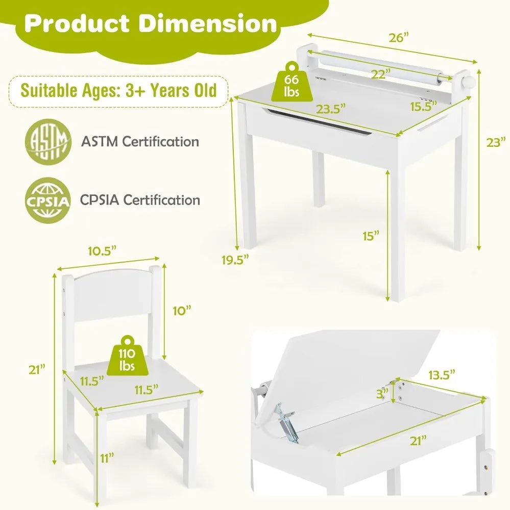 Kid's Wooden Lift-Top Desk & Chair Activity Table Set with Storage, Paper Roll Holder & Pen Slot