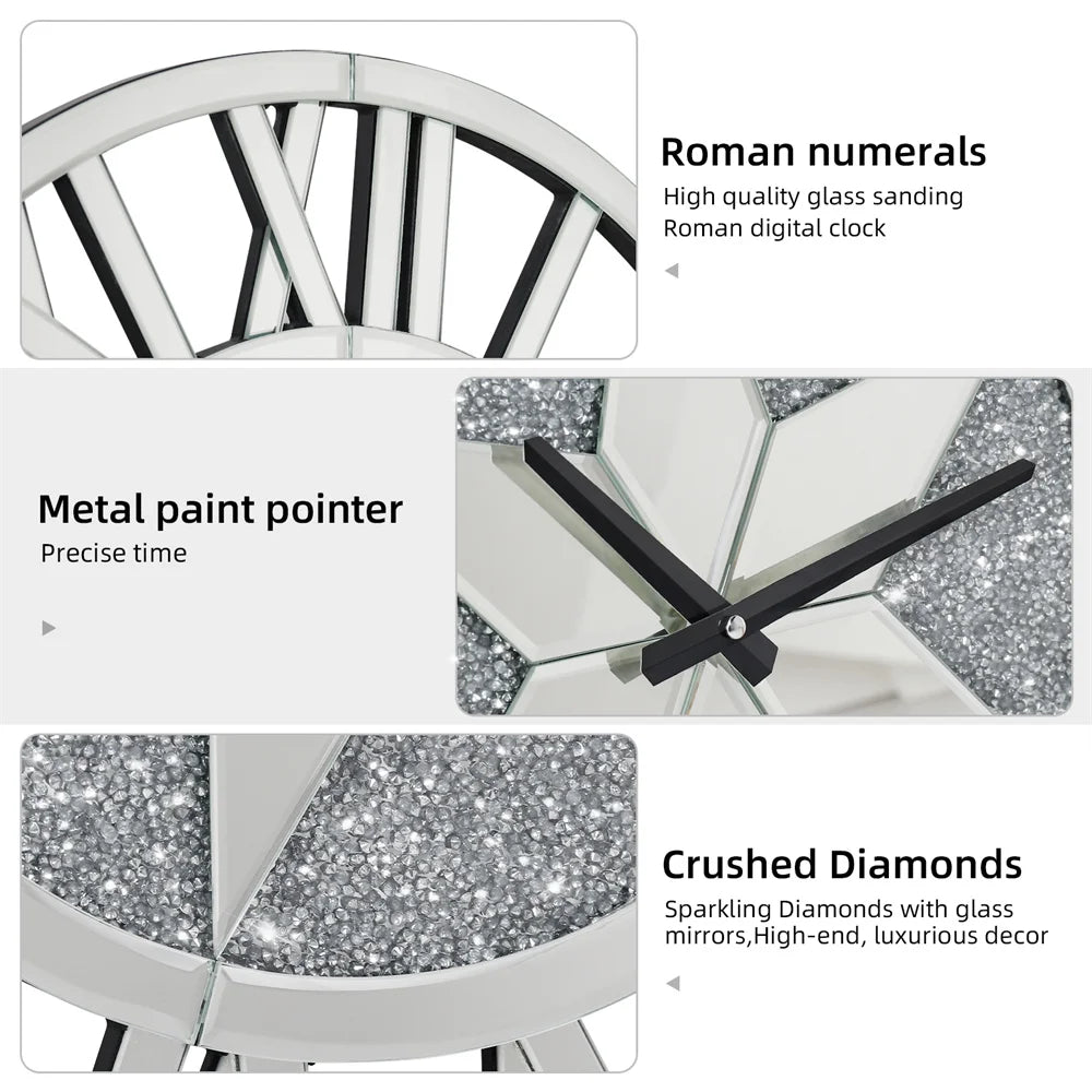 Battery Operated Decorative Silver Glass Crush Diamond Wall Clock with Roman Numerals