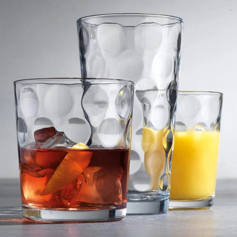 18 Piece Mixed Drinkware. Set of 6 Glass Tumblers 17 oz., Set of 6 Rock 13 oz. and Set of 6 Juice 7 oz Glass Cups