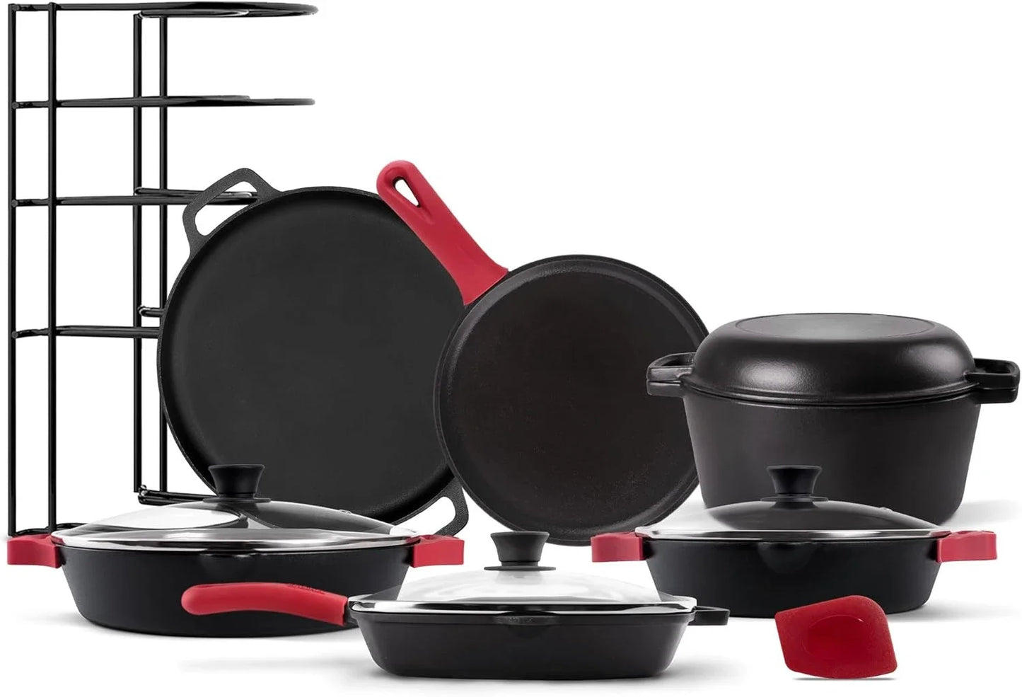 18-Piece Pre-seasoned Cast Iron Cookware Set: 10"+12" Skillets w/Lids + 5-Qt Dutch Oven + 10.5" Square Grill Pan