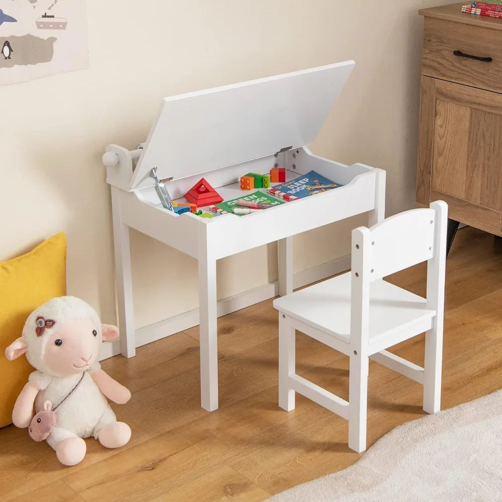 Kid's Wooden Lift-Top Desk & Chair Activity Table Set with Storage, Paper Roll Holder & Pen Slot